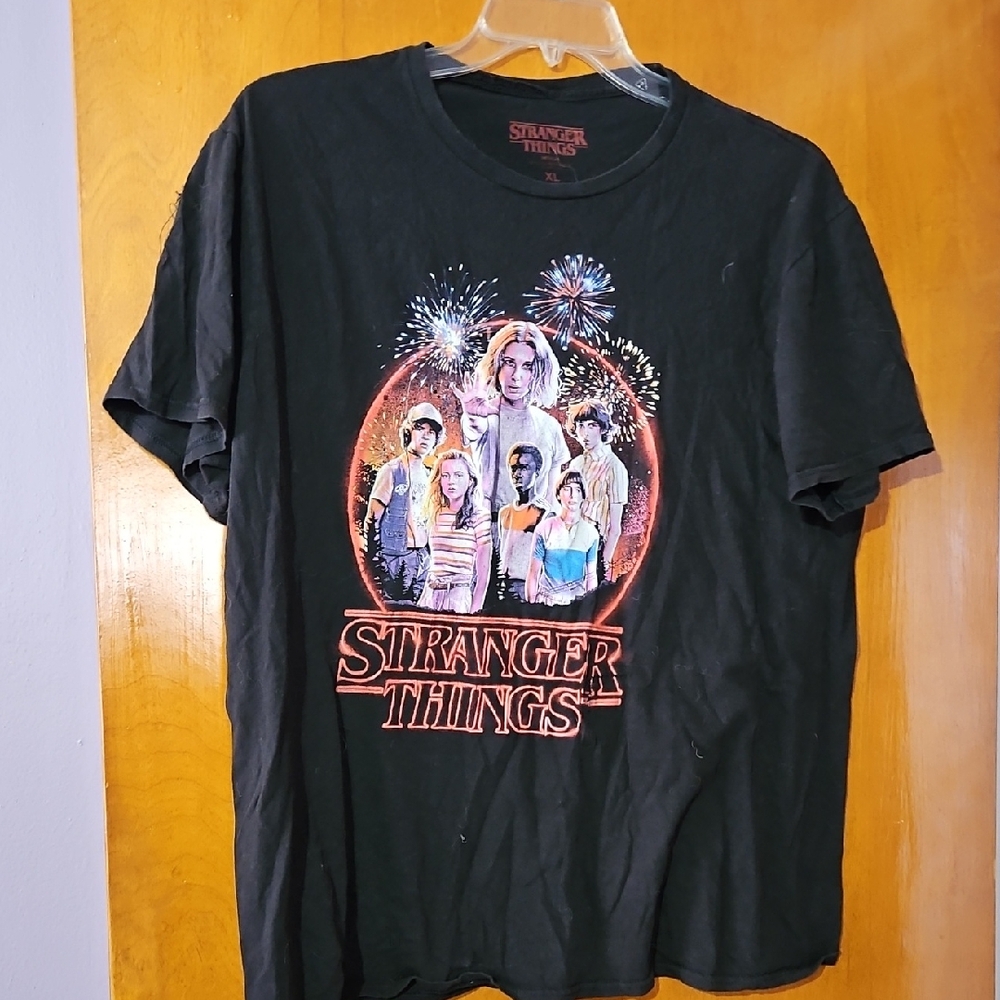 Stranger Things Black Graphic Tee with Cast Print